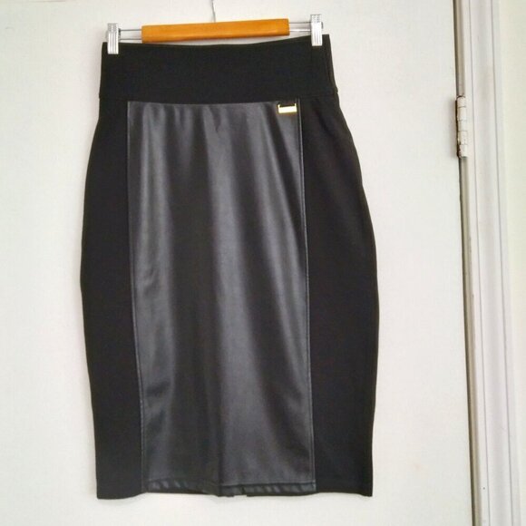 Black Leatherette&Jersey Cummerbund Elastic Waist Washable Pencil Skirt SzS - Picture 1 of 9